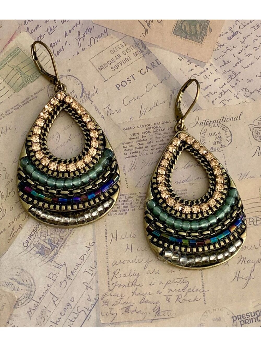 Vintage Bohemian Renaissance Teardrop Metal Rhinestone Bead Inlaid Earrings
